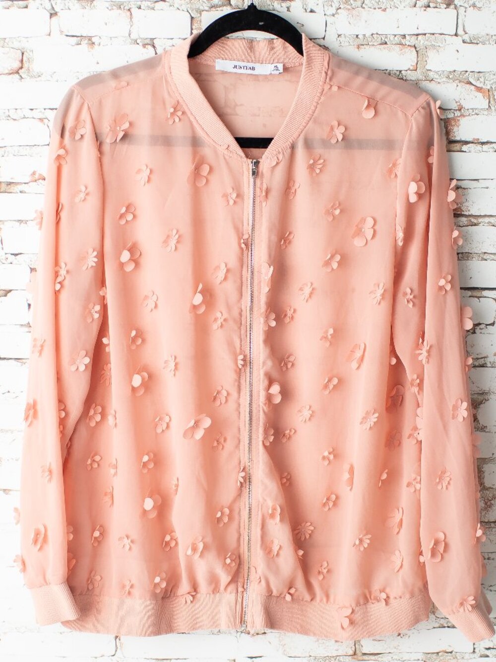JustFab Bomber Jacket Sheer XL Adorned with 3D Floral Appliqués Mellow Rose
